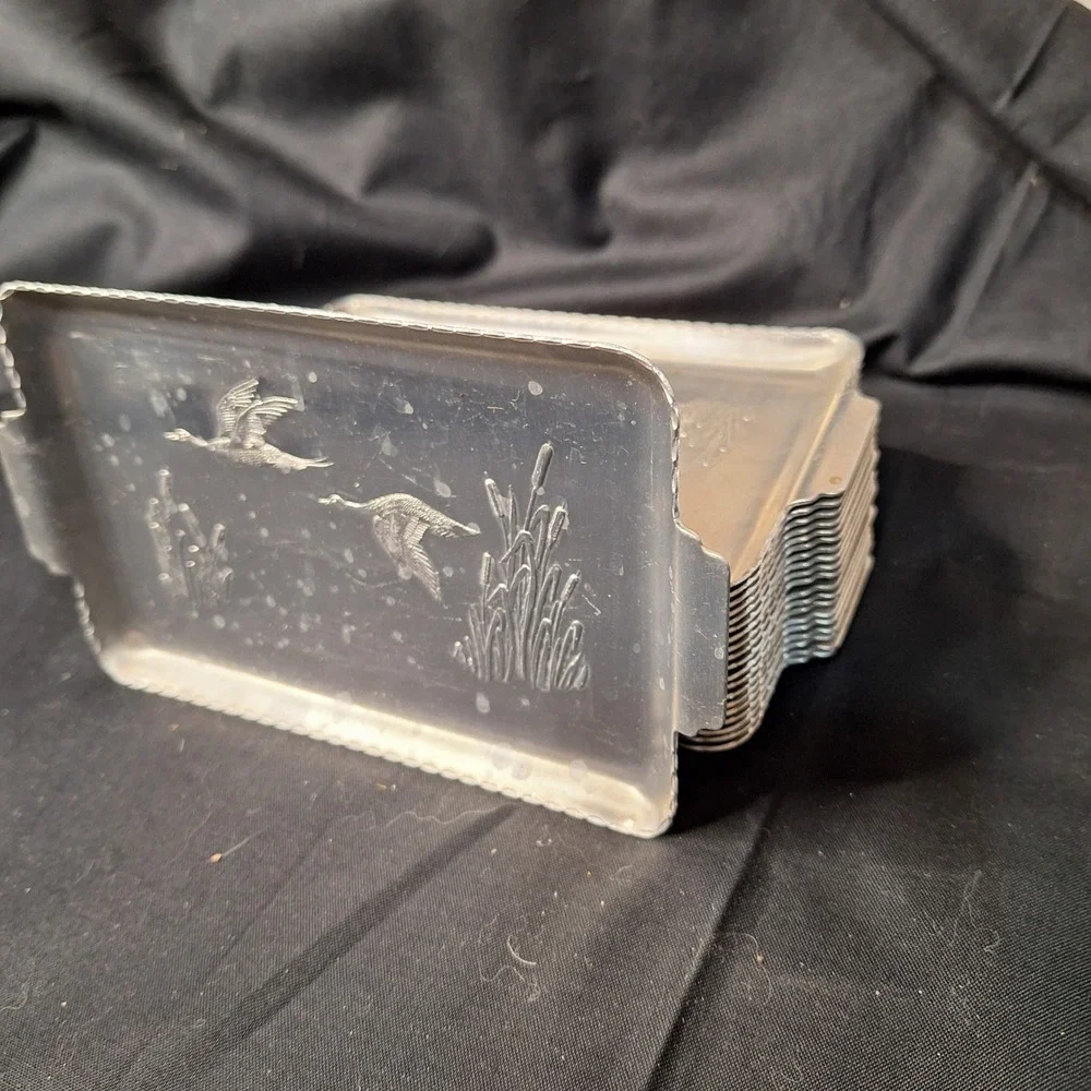 Vintage Aluminum Duck Mallard Flying Marsh Tip Trays Set of 20 Scalloped‎ Edge